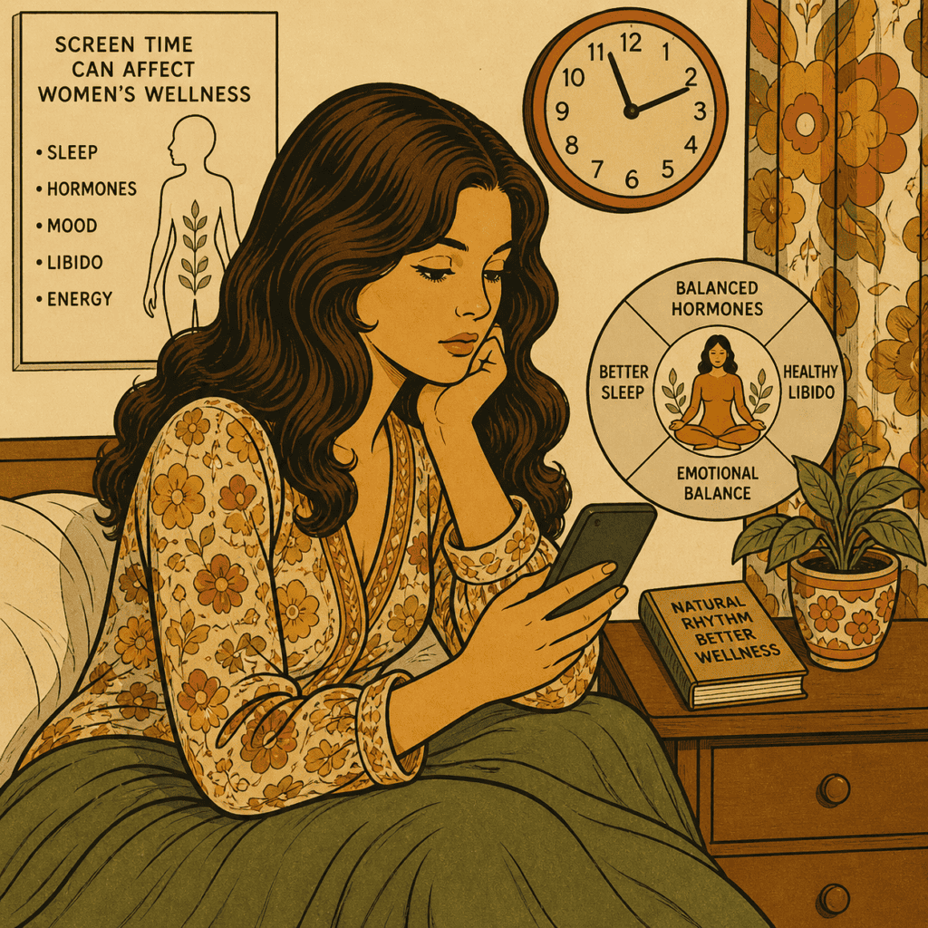 Woman using smartphone at night illustrating how excessive screen time may affect female hormone balance, sleep rhythm, mood, and sexual wellness